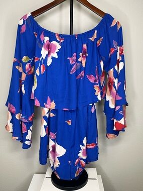 Pink Lily Cobalt Blue Floral Off-Shoulder Romper